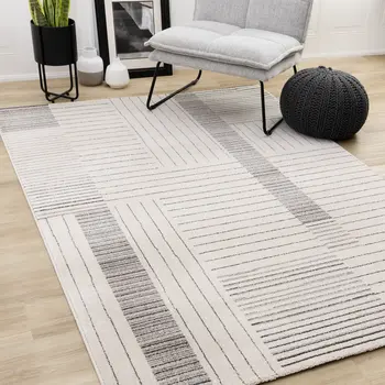 5' X 8' White And Ivory Striped Area Rug