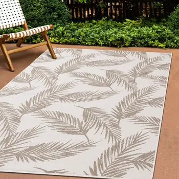 5' X 8' Taupe And Cream Botanical Leaves Area Rug
