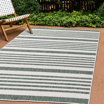 5' X 8' Green And Gray Striped Area Rug
