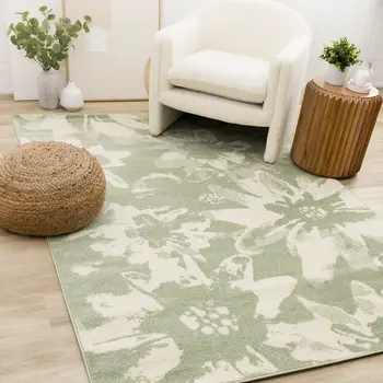 5' X 8' Green And Cream Botanical Leaves Area Rug