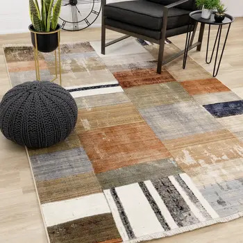 5' X 8' Beige And Orange Geometric Area Rug