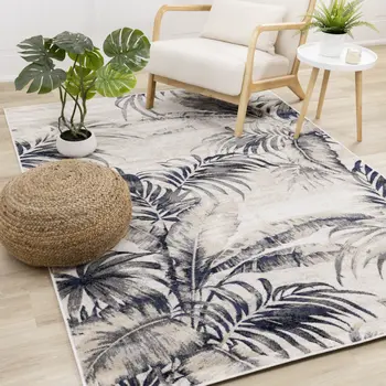 8' X 11' Cream And Gray Botanical Leaves Area Rug