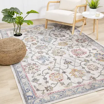 5' X 8' Cream And Blue Abstract Area Rug