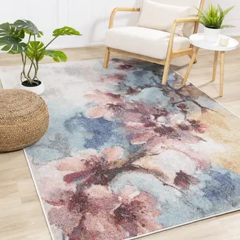 5' X 8' Cream And Blue Botanical Leaves Area Rug