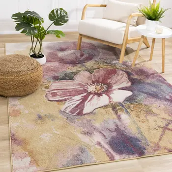 8' X 11' Yellow And Pink Botanical Leaves Area Rug