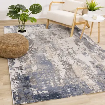 7' X 10' Blue And Beige Abstract Area Rug