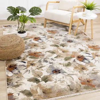 5' X 8' Cream And Blue Botanical Leaves Area Rug