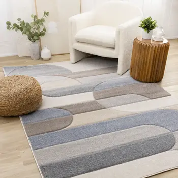 5' X 8' Blue And Cream Geometric Area Rug