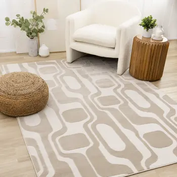 5' X 8' Cream And Beige Geometric Area Rug