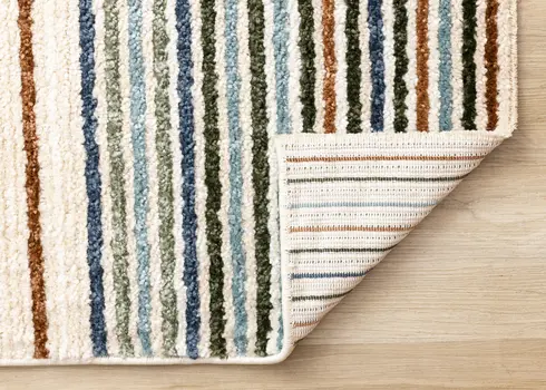 5' X 8' Cream And Blue Striped Area Rug