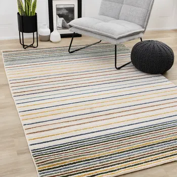8' X 11' Cream And Blue Striped Area Rug