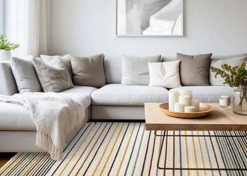 8' X 11' Cream And Blue Striped Area Rug