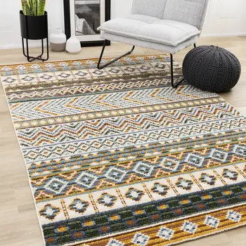 5' X 8' Cream And Blue Tribal Area Rug
