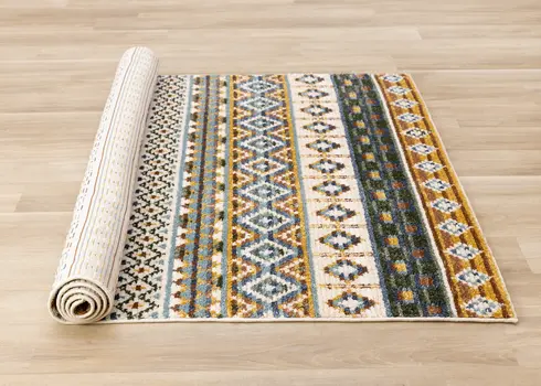 5' X 8' Cream And Blue Tribal Area Rug