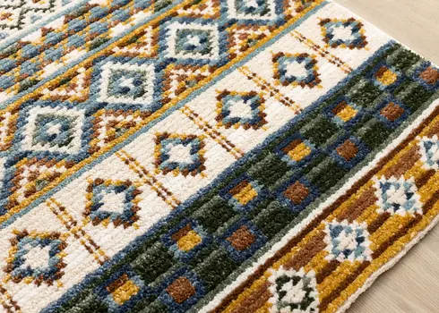 8' X 11' Cream And Blue Tribal Area Rug