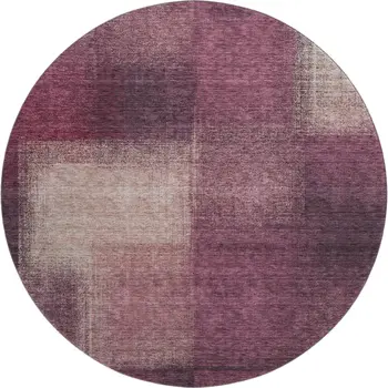 8' Plum And Beige Abstract Washable Round Rug With UV Protection