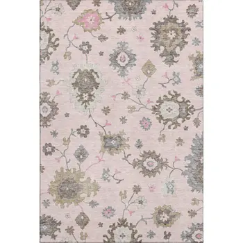 9' X 12' Pink Ivory And Brown Floral Medallion Washable Area Rug With UV Protection