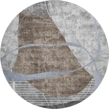 8' Chocolate Blue And Gray Abstract Geometric Washable Round Rug With UV Protection