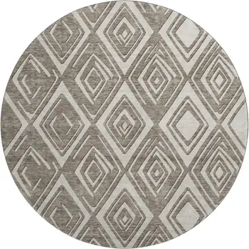 8' Taupe And Beige Geometric Washable Round Rug With UV Protection