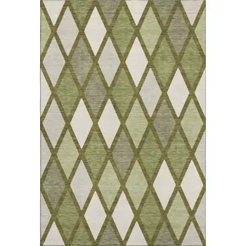 5' X 8' Olive Green And Ivory Geometric Washable Area Rug With UV Protection