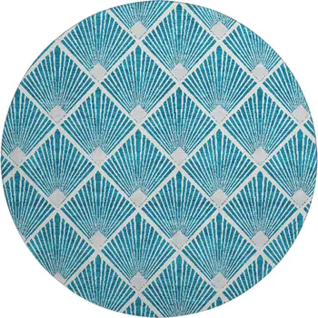 8' Teal And Ivory Abstract Geometric Washable Round Rug With UV Protection
