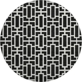 8' Black And Ivory Geometric Washable Round Rug With UV Protection
