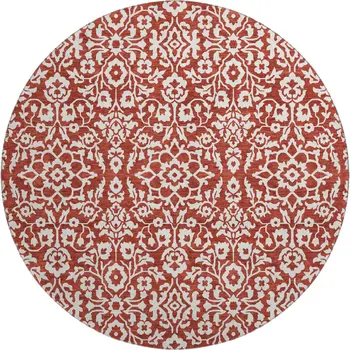 8' Red And Ivory Damask Washable Round Rug With UV Protection