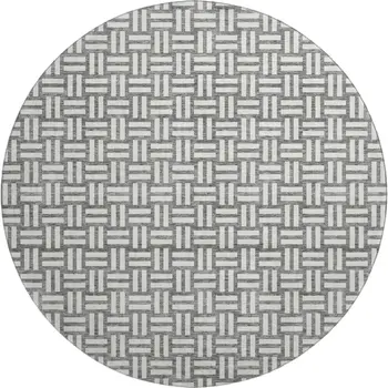 8' Gray And Ivory Abstract Geometric Washable Round Rug With UV Protection