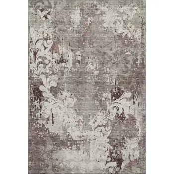 10' X 14' Taupe Beige And Gray Damask Washable Area Rug With UV Protection