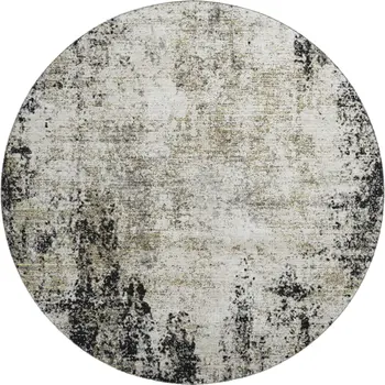 8' Black And Ivory Abstract Washable Round Rug With UV Protection