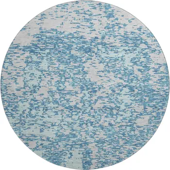 8' Teal And Silver Abstract Washable Round Rug With UV Protection