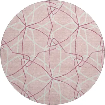 8' Pink And Ivory Geometric Washable Round Rug With UV Protection