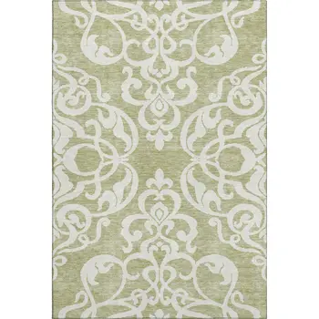 9' X 12' Artichoke Green And Ivory Damask Washable Area Rug With UV Protection