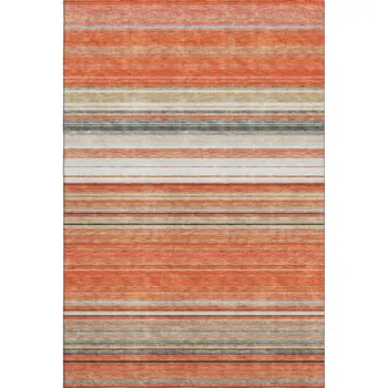 10' X 14' Coral Gray And Beige Striped Washable Area Rug With UV Protection