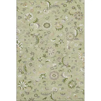 8' X 10' Artichoke Green Taupe And Ivory Floral Washable Area Rug With UV Protection