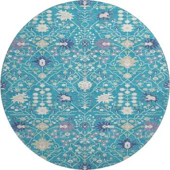 8' Teal Purple And Ivory Oriental Washable Round Rug With UV Protection