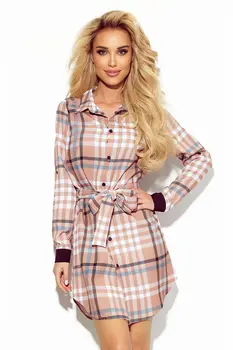 Numoco 288-4 Shirt dress with buttons - beige and white check