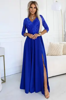 Numoco 309-12 AMBER elegant lace long dress with a neckline - Royal blue