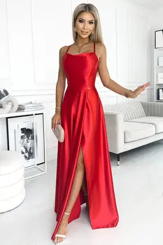 Numoco 419-1 PERLA satin long dress with a neckline on the back - red