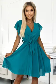 Numoco Basic 424-1 Chiffon pleated dress with a neckline and frills - sea color