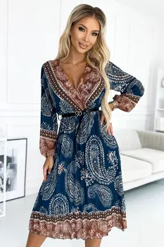 Numoco Basic 510-1 Pleated midi dress with a neckline, long sleeves and a black belt - blue and brown pattern