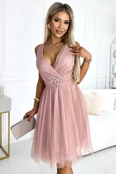 Numoco Basic 525-2 OLGA tulle dress with a neckline and decorative buckle - dirty pink