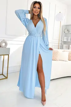 Numoco Basic 536-1 FIORELLA Long dress with a wide belt and neckline - light blue