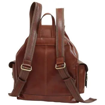 Leather backpack with 3 exterior pockets - Brown