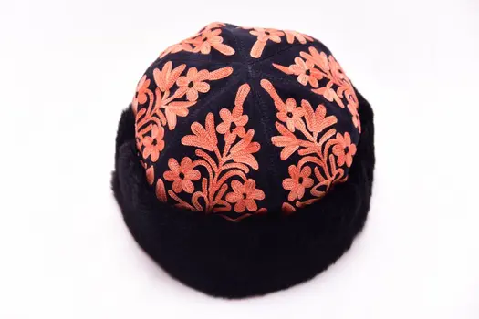 Handcrafted Black and Tangerine Suede Embroidered Hat