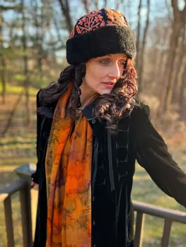 Handcrafted Black and Tangerine Suede Embroidered Hat
