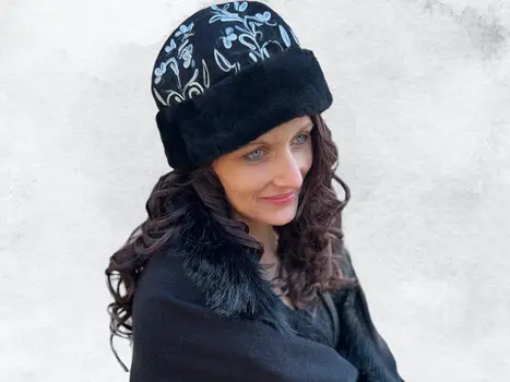 Handcrafted Black and White Suede Embroidered Hat