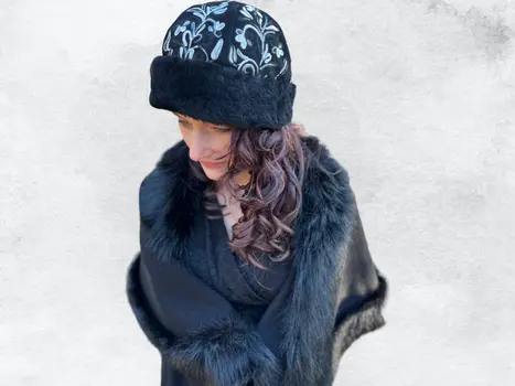 Handcrafted Black and White Suede Embroidered Hat