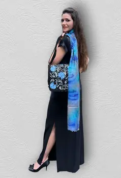 Handmade Blue and Black Suede Embroidered Messenger Bag