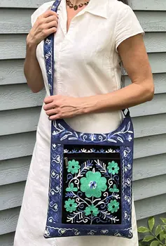 Handmade Black And Blue Suede Embroidered Llama Bag